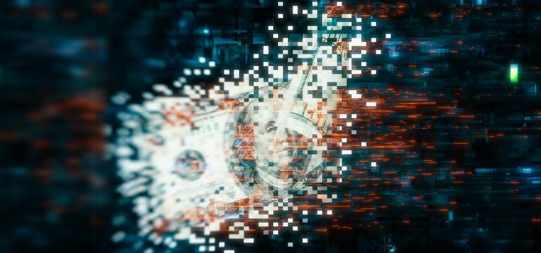 Pictorial representation of the ransomware landscape. Digital artwork of a disintegrating U.S. dollar bill with pixelated effects on a cyber-inspired background.