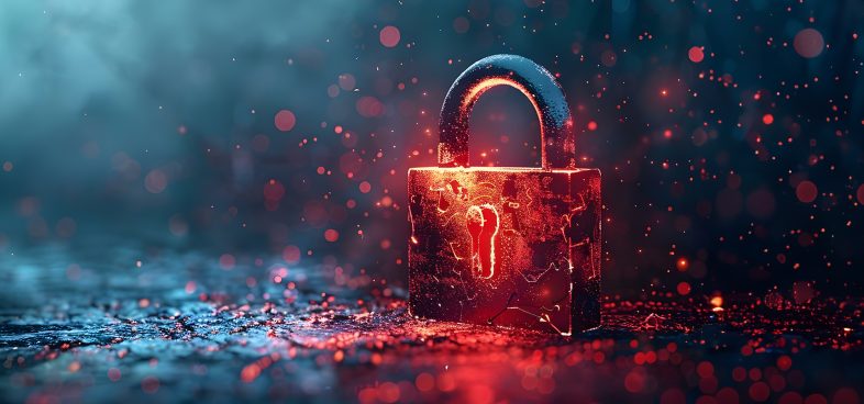 Pictorial representation of a ClickFix campaign. A glowing, red padlock illuminated with light particles, set against a dark, rainy backdrop.